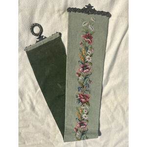 Tapestry Floral Wool Needlepoint Bell Pull Wall Hanging 66x9 Brass Hardware VTG